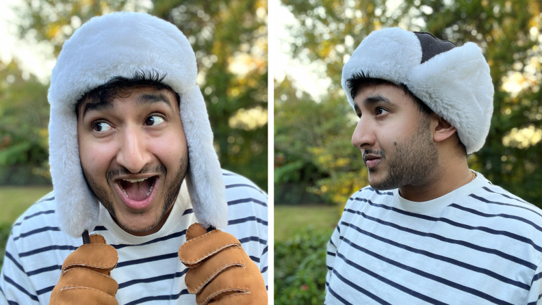 Two views of the author wearing a striped t-shirt, shearling gloves, and a shearling aviator hat.