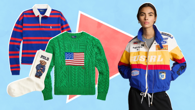 Collage of a red white and blue striped rugby shirt, a green sweater with an American flag pattern, a pair of white socks with the Polo Bear, and a model wearing a multicolored racing jacket.