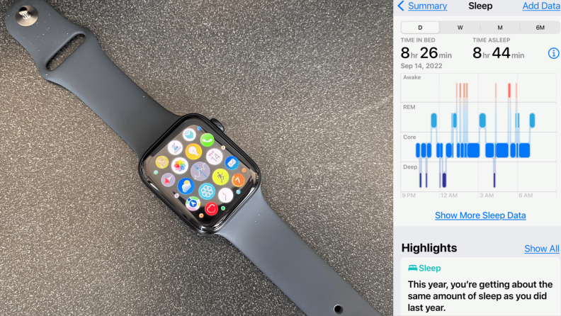 Apple Watch SE shown with a gray band atop a gray countertop next to an exercise meter.