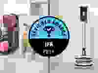Split image of the Ninja Slushi surrounded by slushis on a white countertop and the LG CordZero All-in-One Tower Combi in front of a white wall with the Reviewed Awards IFA 2024 logo at the center.