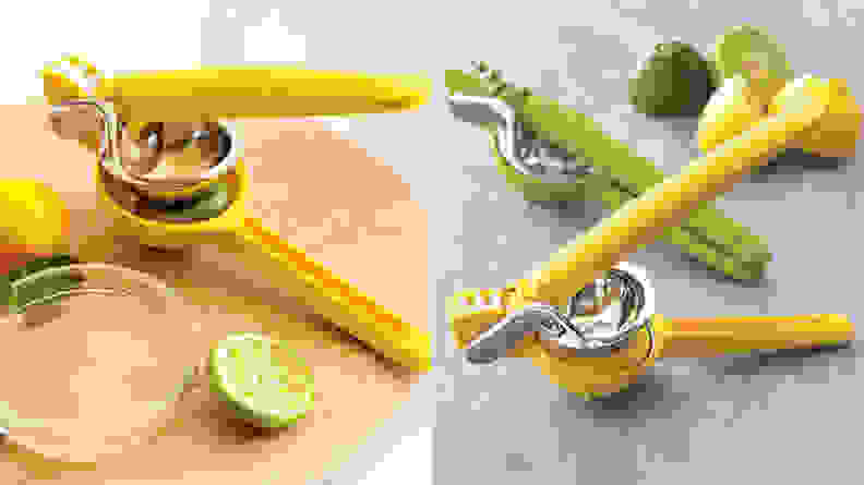 Two photos show the Chef'n citrus juicer in action: squeeze the two handles closer together, and you get lemon (or lime) juice pouring out.