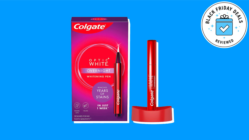 Colgate teeth whitening pen against a blue background.