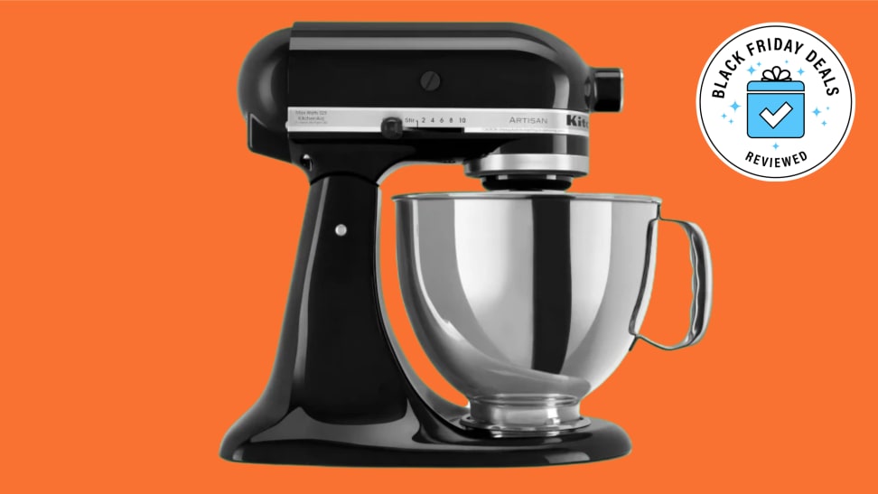 Black KitchenAid tilt-head stand mixer on Reviewed red background