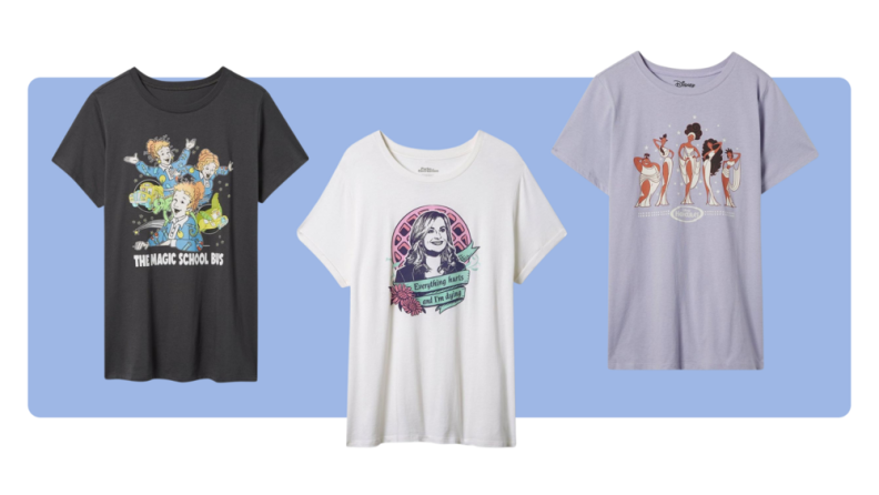 Three T-Shirts featuring designs from The Magic School Bus, Disney, and Parks and Recreation.