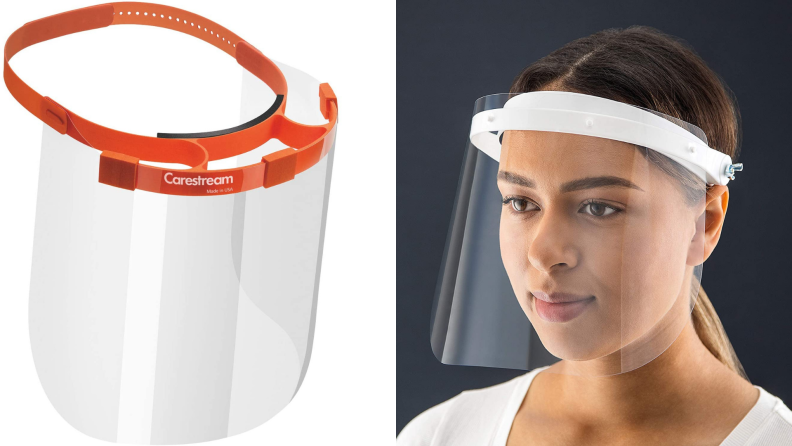 On left, orange and clear face shield without porous foam around forehead. On left, woman wearing clear and white face shield without porous foam around forehead.