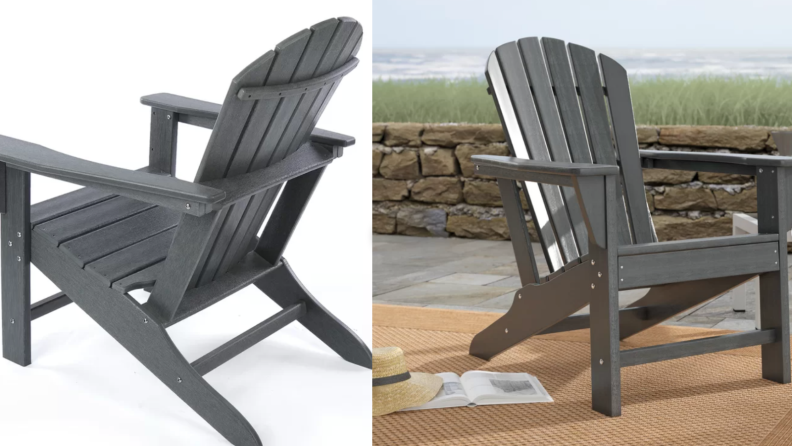 Two closeups of gray Adirondack chairs.