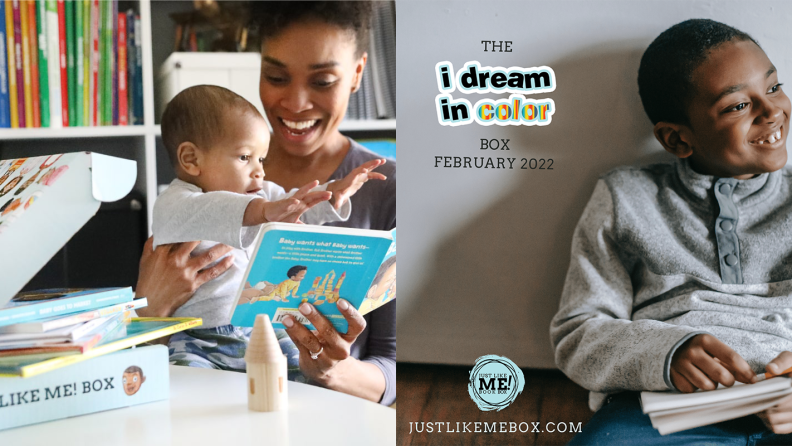 On the left: a mother reading a board book to her baby. On the right: A young buy smiling.