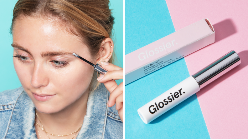 A woman applying Glossier Boy Brow, a tube of it.