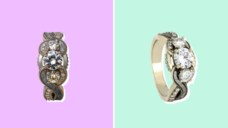 A collage of an engagement ring from Jewelry by Johan shown from two different perspectives.