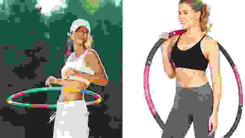 A woman using a hula hoop outside and a woman posing with a hoop.