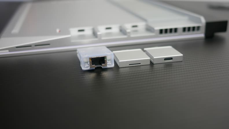 A close-up of the Framework Laptop 16 USB ports.