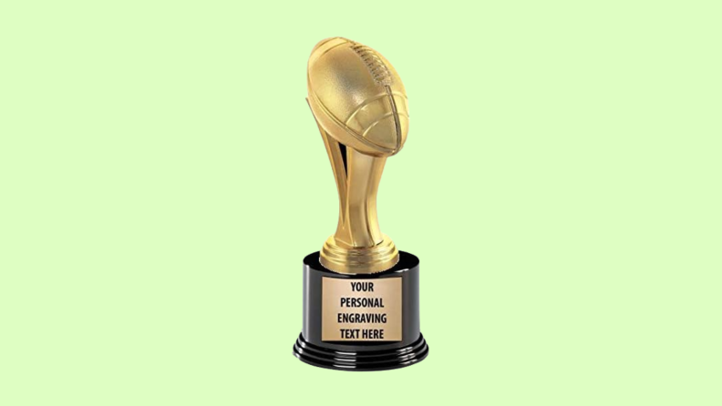 A gold, customizable fantasy football trophy on a lime green background.