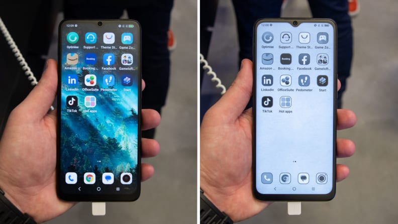 Size by side of the TLC Smartphone displaying full color and in the educed blue spectrum light mode.