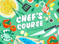 绿色动画图片，彩色食物和“厨师课程回顾”