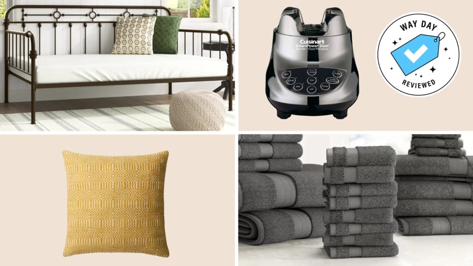 A collage of Wayfair products including towels, pillows, a daybed, and a blender.