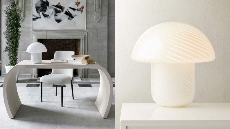 A white lamp sit on a modern white desk, and on the right a close-up of the lamp.