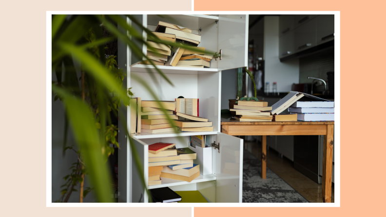 Bookshelf cluttered with numerous books.