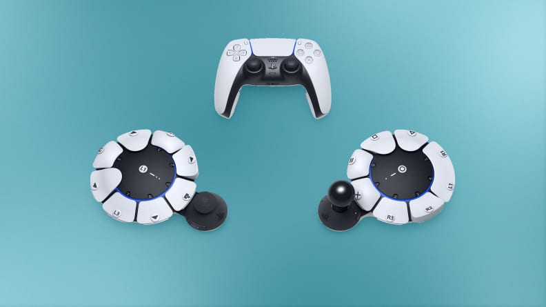 Three different sony playstation controllers, including two variants of an accessible controller.