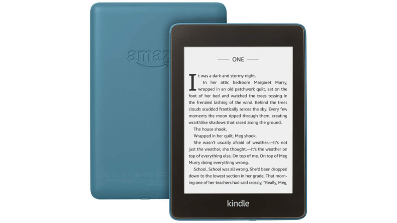 An Amazon Kindle Paperwhite with a blue cover.