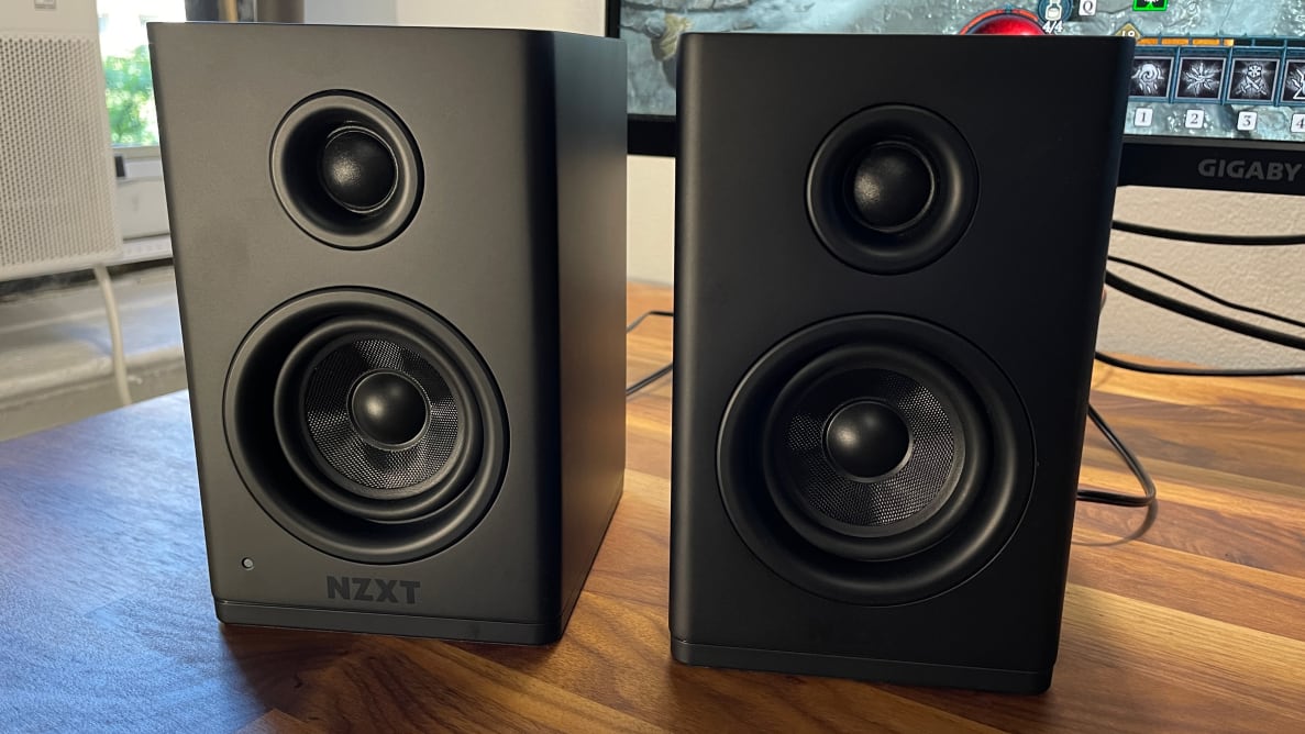 The NZXT Relay Speakers and Relay Subwoofer's in the color black. The speakers cost around $250.