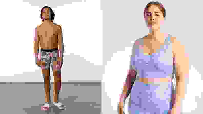 man in Saxx underwear, plus-size woman in Athleta underwear
