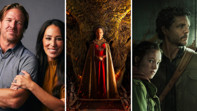 Three promotional images for series that will appear on Max, including an image of Chip and Joanna Gaines from 'Fixer Upper,' an image of Rhaenyra Targaryen from 'House of the Dragon,' and an image of Ellie and Joel standing together in 'The Last of Us.'