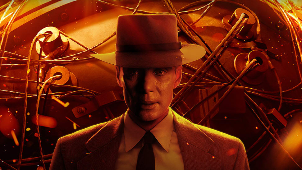 Cillian Murphy on the theatrical poster for the movie "Oppenheimer."