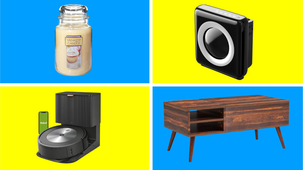A collection of home items on sale in front of colored backgrounds.