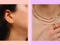 An image of an individual wearing three gold hoop earrings in descending sizes, seen from the side, next to an image of a person's neck adorned with three gold necklaces, with their hand placed in front wearing a gold multi-banded ring.