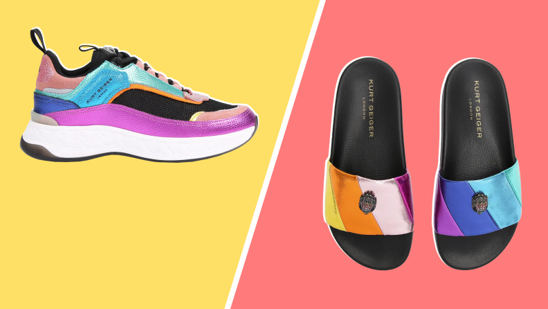 A pair of colorful sneakers, and also a slide-on sandal with a rainbow leather strap.