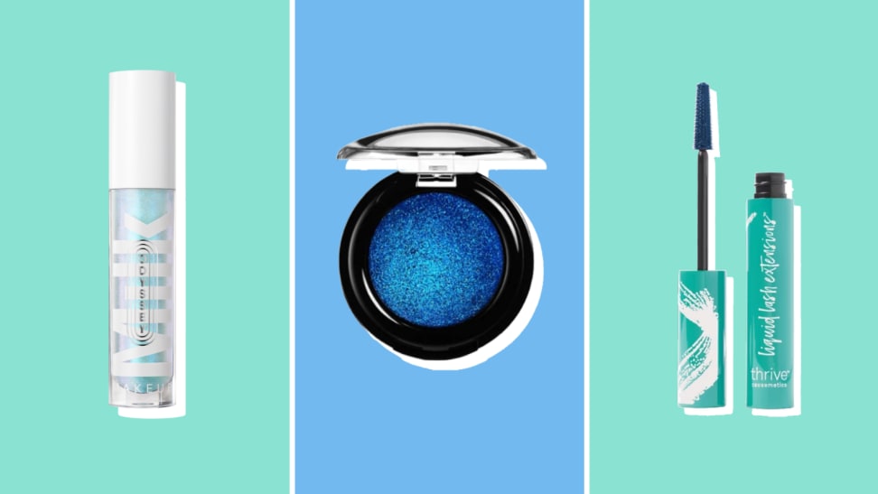 Collage of three blue makeup products.