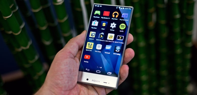 A photo of the Sharp Aquos Crystal in hand.