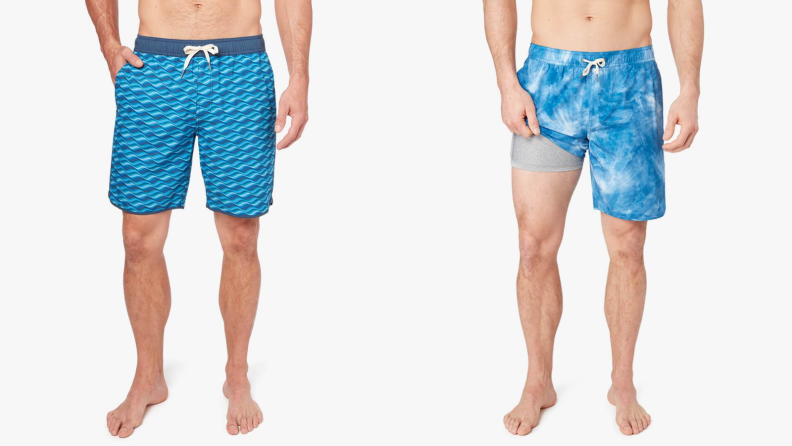 man wearing blue Fair Harbor swimming trunks