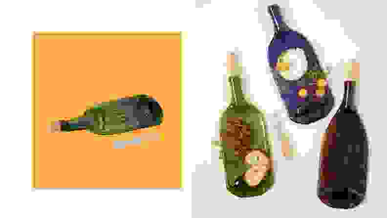 Left: Platter and cheese knife; Right: Three wine bottles turned into platters