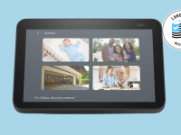 The Amazon Echo Show 8 smart screen shows images of families, a baby, and a garage. It is shown over the Reviewed background.