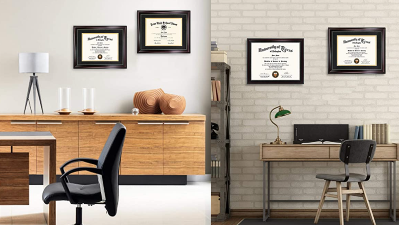 Diplomas on a wall.