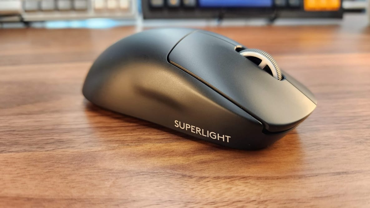 The Logitech G Pro X Superlight 2 with the Superlight logo on display on the side.