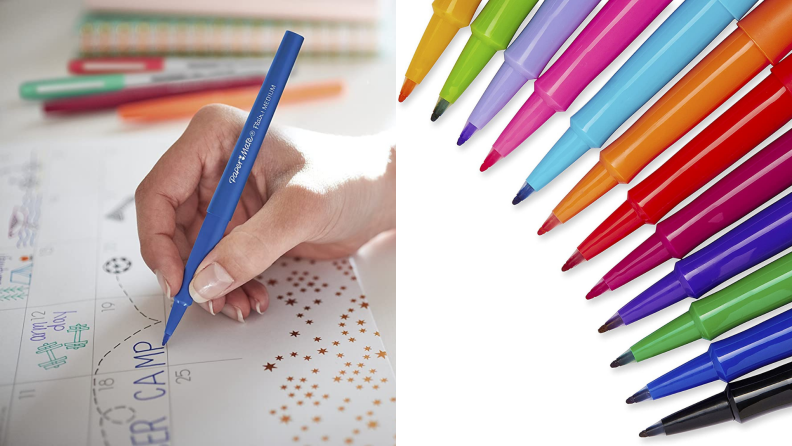 On left, hand holding blue felt tip pin is writing on a calendar. On right, an array of multi-colored felt-tip pens all lined up in a curved half-circle.