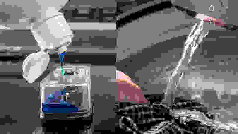 A composite image. The left half shows someone filling up the pretreat brush with blue liquid detergent. The right half of the image showcases the Whirlpool WTW7120HC's integrated faucet, located just above the drum, in the back center. It's spraying water onto a plaid garment.