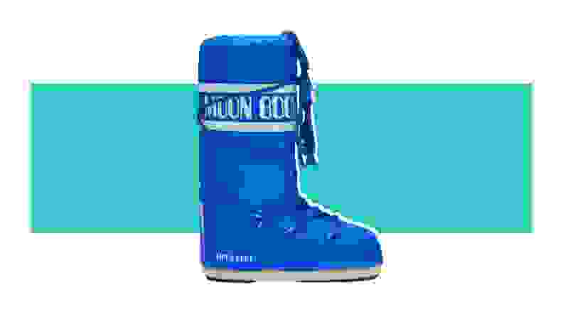 A blue puffy Moon Boot.