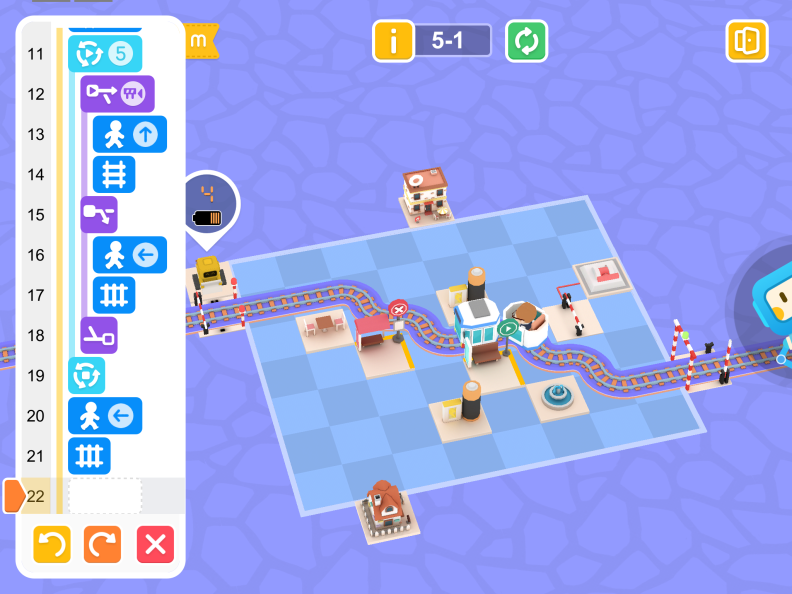 For more complicated bits of code, such as conditional statements, the Tangiplay app builds in example blocks of code so that new coders can see how these coding elements help the explorer robot navigate around the grid.