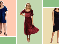 Collage of three models wearing velvet dresses.