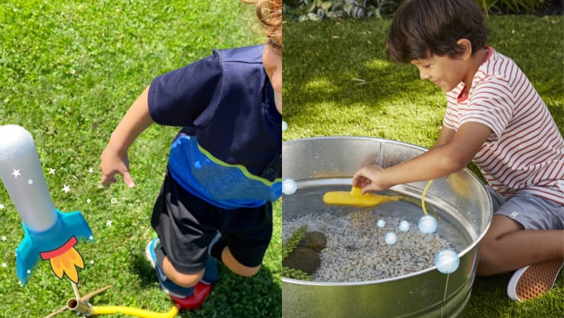 Two images of kids playing with Little Passport toys