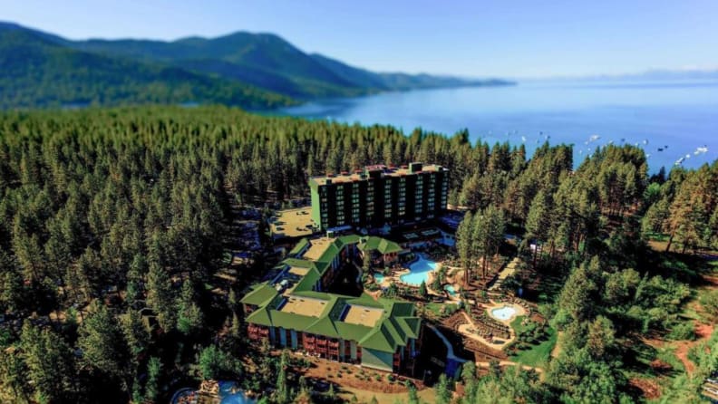 aerial view of resort hotel near ocean