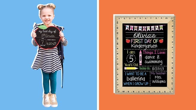 Children holding first-day-of-school signs