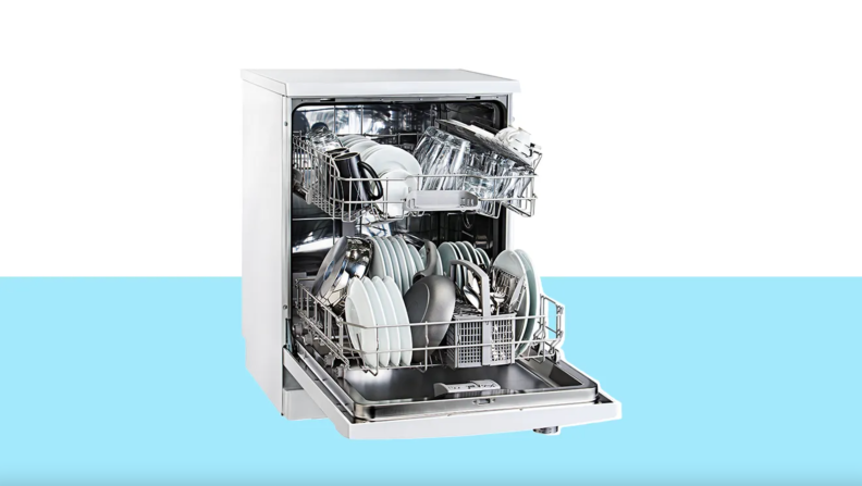 Dishwasher with door open filled with dishes.