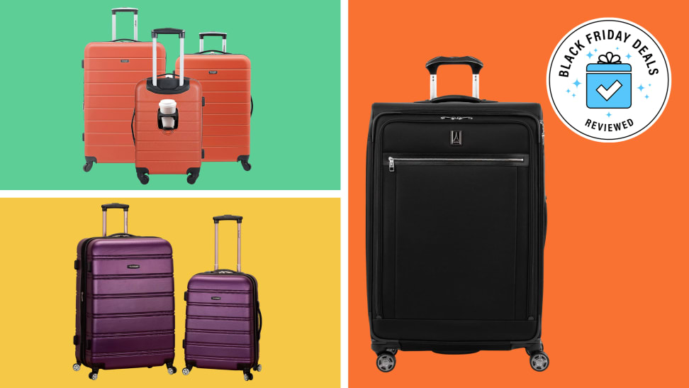 Three sets of rolling luggage on a colored background