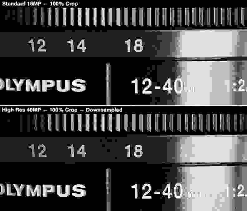 A comparison of crops from the standard 16-megapixel mode and the 40-megapixel high-res mode