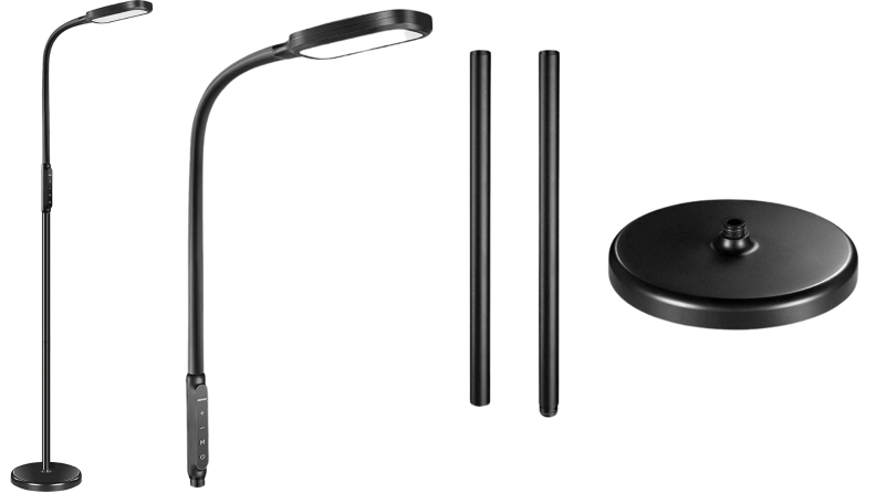 A black Miroco floor lamp and its parts against a white background.