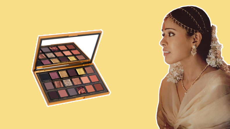 Indian Bride star of Asoka and metallic eyeshadow palette on yellow background